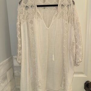 Boho Linen Crochet Trim White/Taupe Tunic Cover-Up